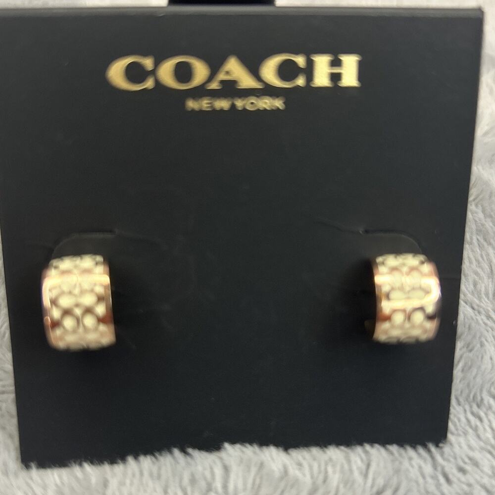 Coach Rose Gold C White Logo Huggie Earrings – Signature Engraved Hoops Luxury